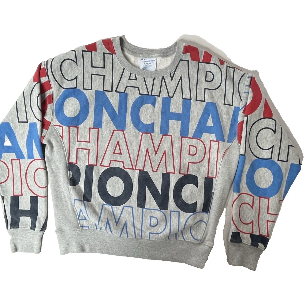 Vintage 90s Champion Reverse Weave Grey All Over Print Crewneck Sweatshirt Large
